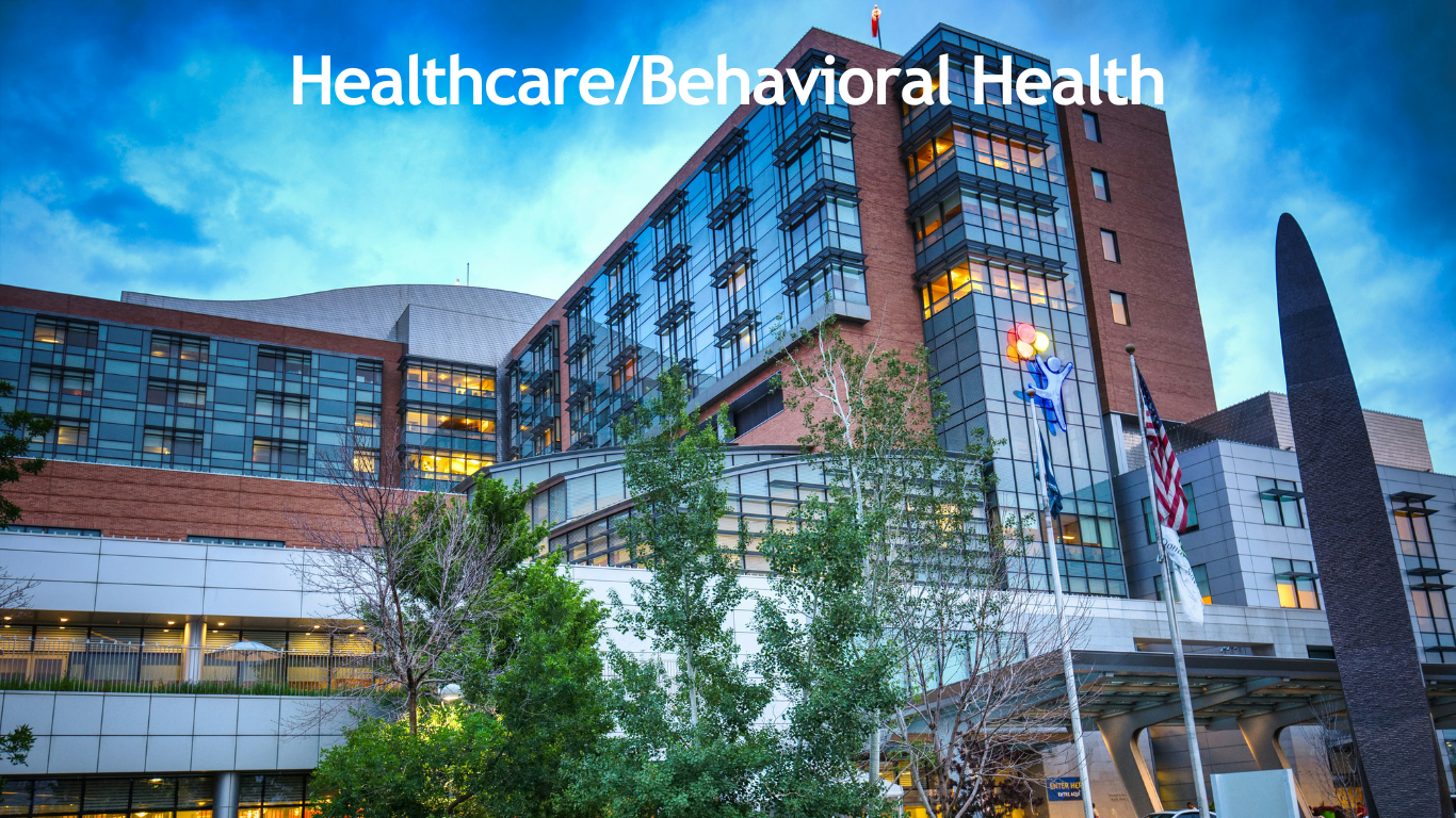 Front view of Children's Hospital with title "Heathcare and Behavioral Health"