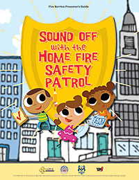 Storybook cover art. Three children in front of a badge. Sound Off with the Home Safety Patrol