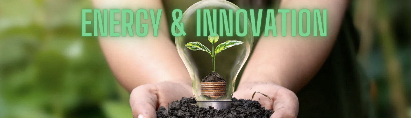 energy and innovation article green banner with lightbulb and dirt