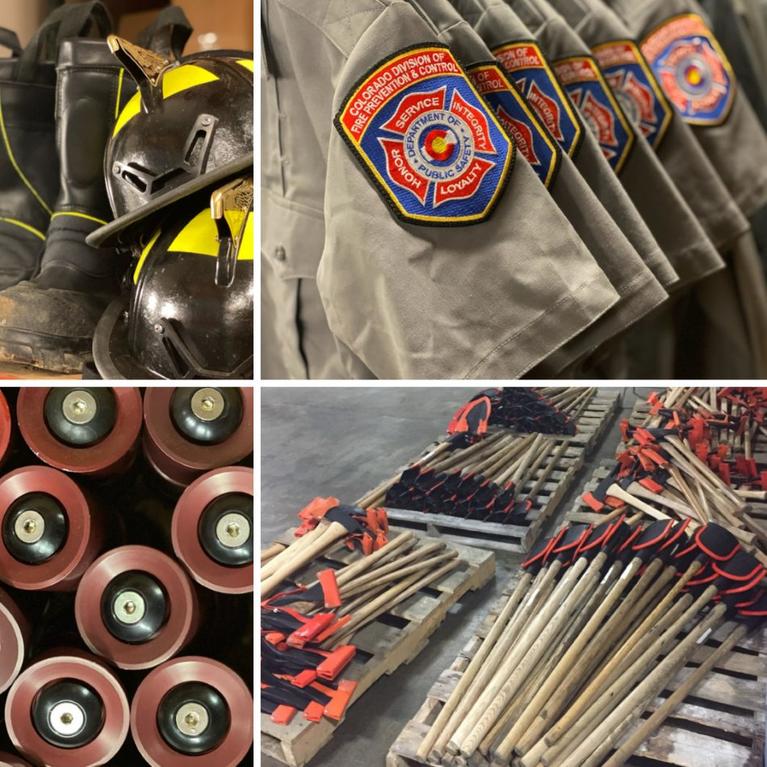 Collage of firefighting uniforms and equipment